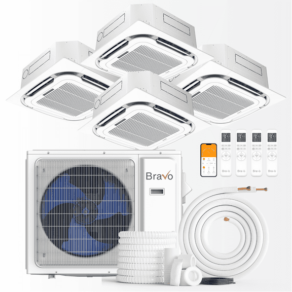 BRAVO 36,000 BTU 4 Zone 9000 + 9000 + 9000 + 12000 BTU Ceiling Cassette Ductless Mini Split A/C and Heater with 25ft Installation Kits
