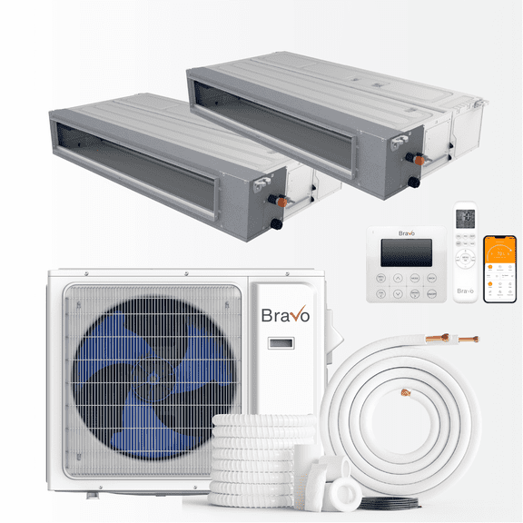 BRAVO 36,000 BTU Dual Zone 12000 + 24000 BTU Concealed Duct Mini Split A/C and Heater with 16ft Installation Kits