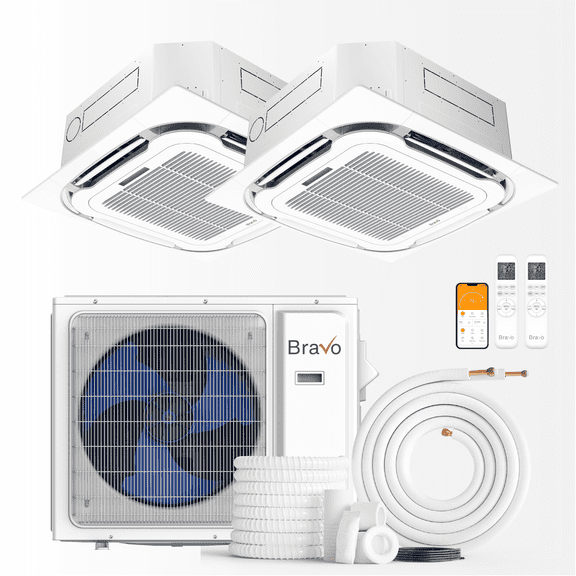 BRAVO 36,000 BTU Dual Zone 18000 + 18000 BTU Ceiling Cassette Ductless Mini Split A/C and Heater with 16ft Installation Kits