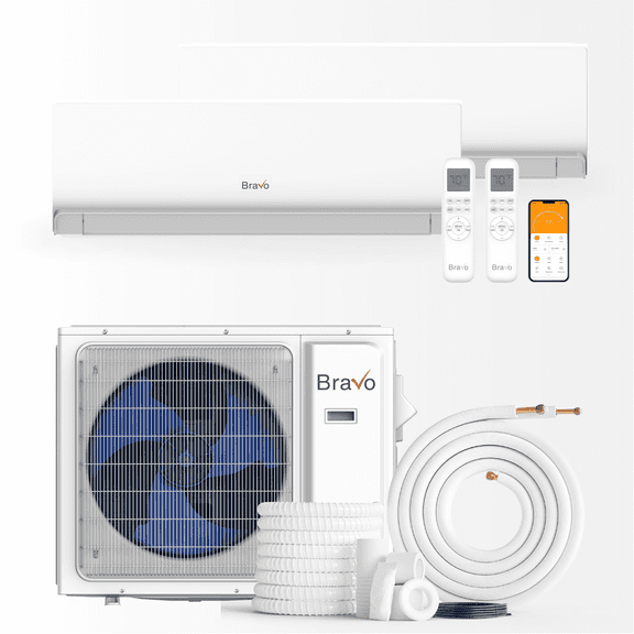 BRAVO 36,000 BTU Dual Zone 9000 + 24000 BTU Wall Mount Ductless Mini Split A/C and Heater with 16ft Installation Kits
