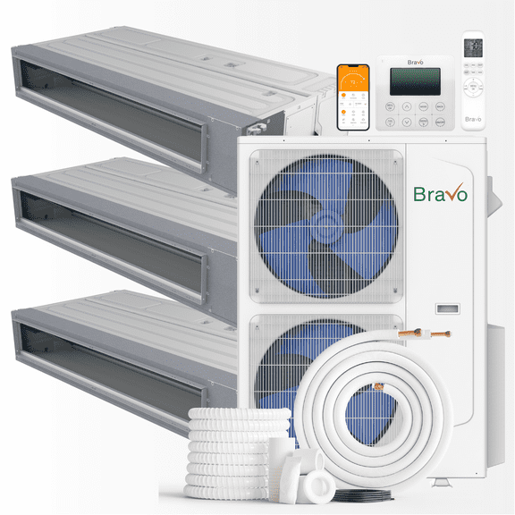 BRAVO 42,000 BTU 3 Zone 12000 + 12000 + 18000 BTU Concealed Duct Mini Split A/C and Heater with 25ft Installation Kits