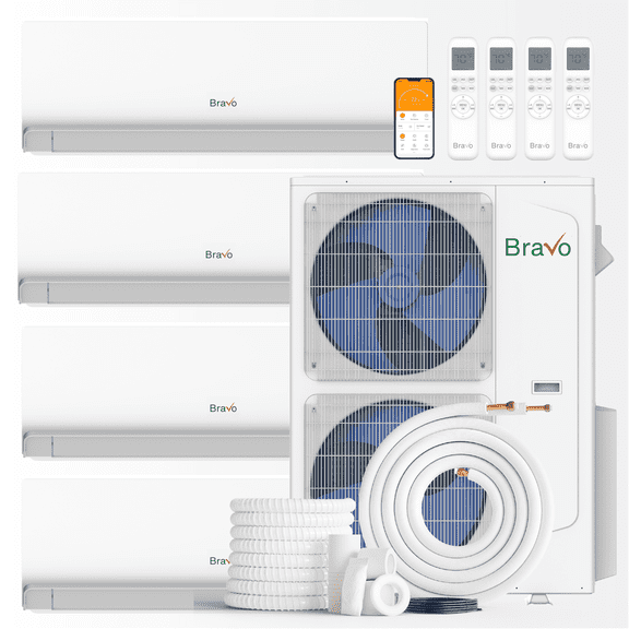 BRAVO 42,000 BTU 4 Zone 9000 + 9000 + 9000 + 18000 BTU Wall Mount Ductless Mini Split A/C and Heater with 25ft Installation Kits