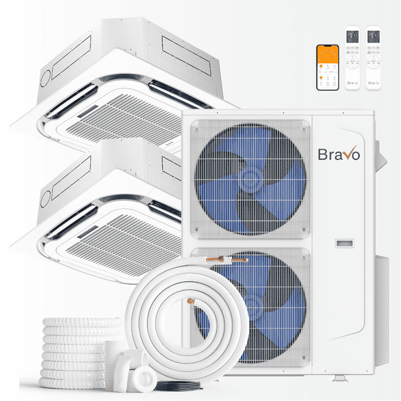 BRAVO 42,000 BTU Dual Zone 18000 + 24000 BTU Ceiling Cassette Ductless Mini Split A/C and Heater with 16ft Installation Kits