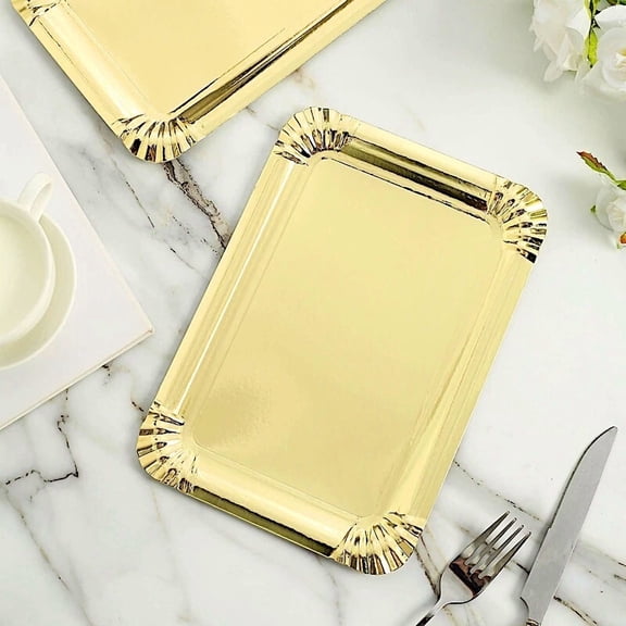 BRAWN- 10 Gold 9" Rectangular Paper Serving Tray Scalloped Design Party Decorations
