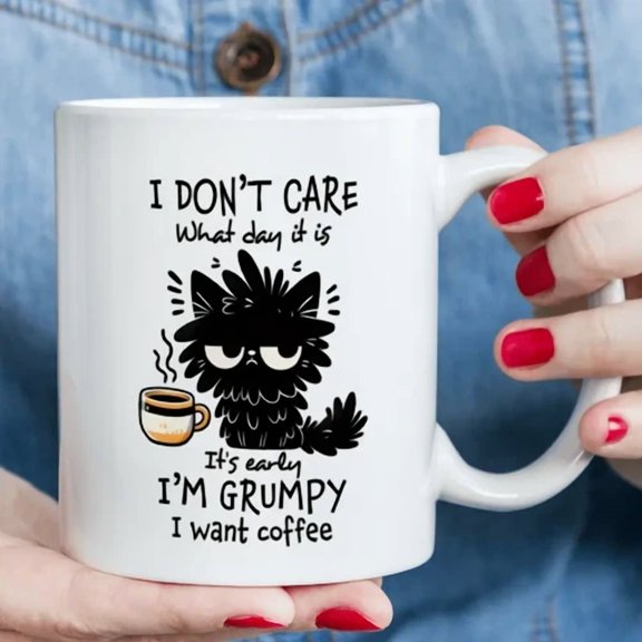 BRAWN- 11 Oz Large Ceramic Funny Mug Of "I Don'T Care" Cat, Grumpy Coffee Lovers Gift