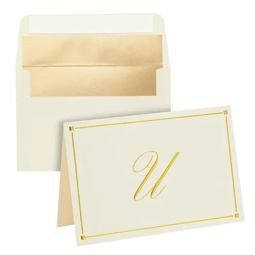BRAWN- 24 Pack, Ivory Gold Foil Letter U Monogram Blank Note Cards With Envelopes, 4X6"