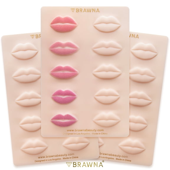 BRAWNA [ 3 Pack ] 3D Lip PMU Practice Skin - Soft Silicone Lip Blush Practice Skin with Human Skin - Like Texture - 10 Lip Shapes - Lip Tattoo Practice Skin  PMU Supplies