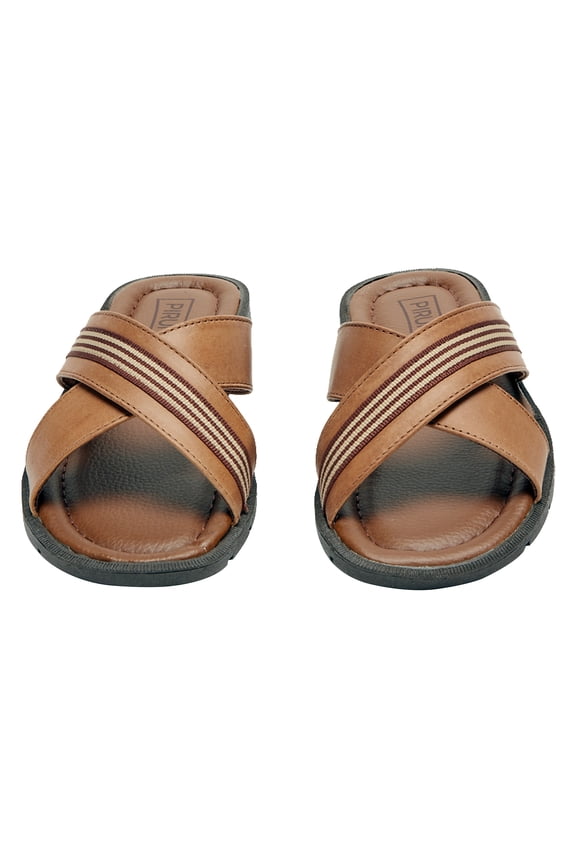 Leather Cross Strap Slide Sandals Light Brown