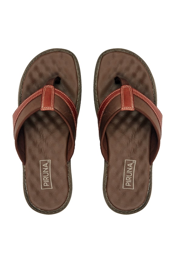 Men's Leather Thong Slide Sandals with Contrast Stitch Detail, Cushioned Footbed, Brown Multi
