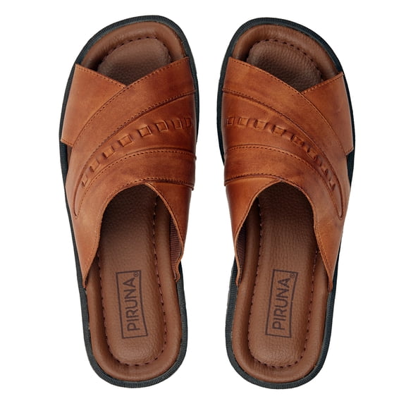 Piruna Men's Leather Cross Strap Slide Sandals with Textile Detail ...