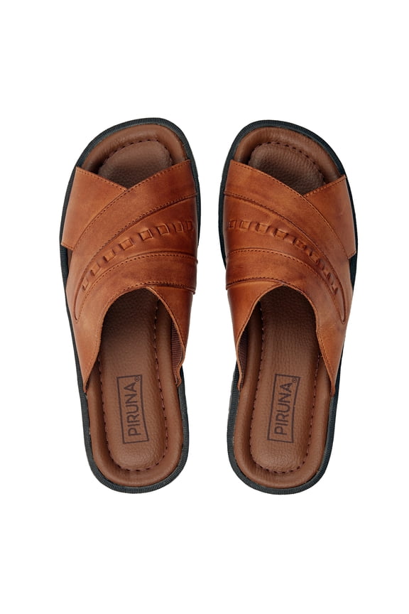 Women's Leather Cross Strap Slide Sandals with Embossed Detail, Cushioned Footbed, Tan