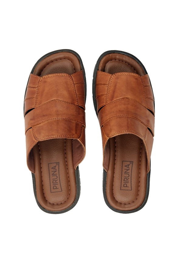Men's Leather Multi-Strap Slide Sandals, Semi-Covered Upper, Cushioned Footbed, Tan