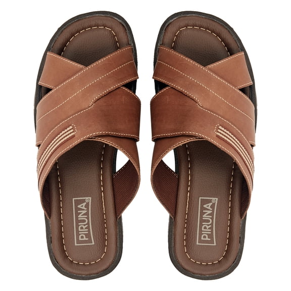 Piruna Men's Leather Overlapping Cross Strap Slide Sandals, Cushioned Footbed, Tan