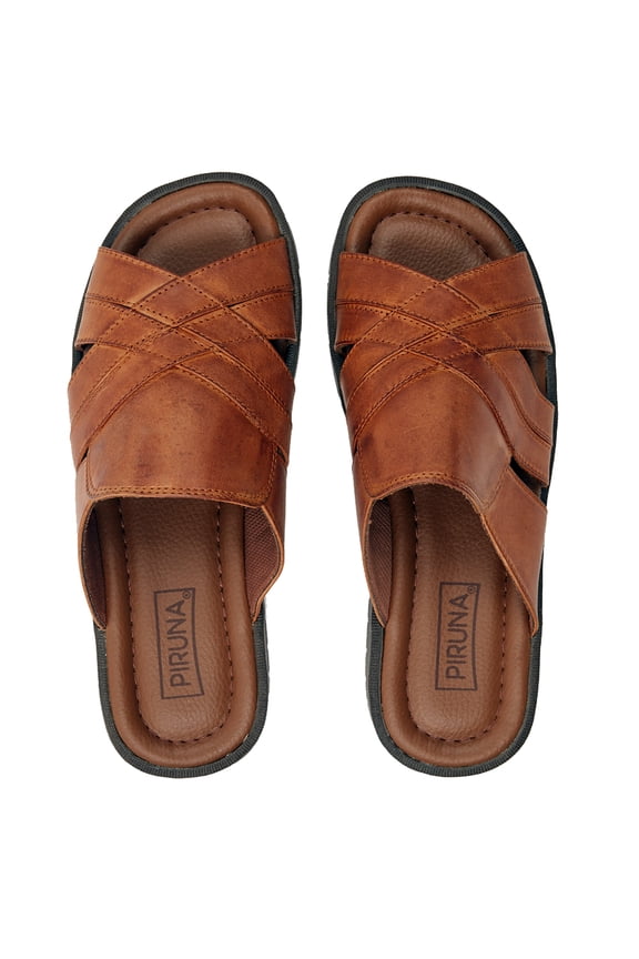 Women's Leather Cross Strap Slide Sandals with Covered Upper, Cushioned Footbed, Tan