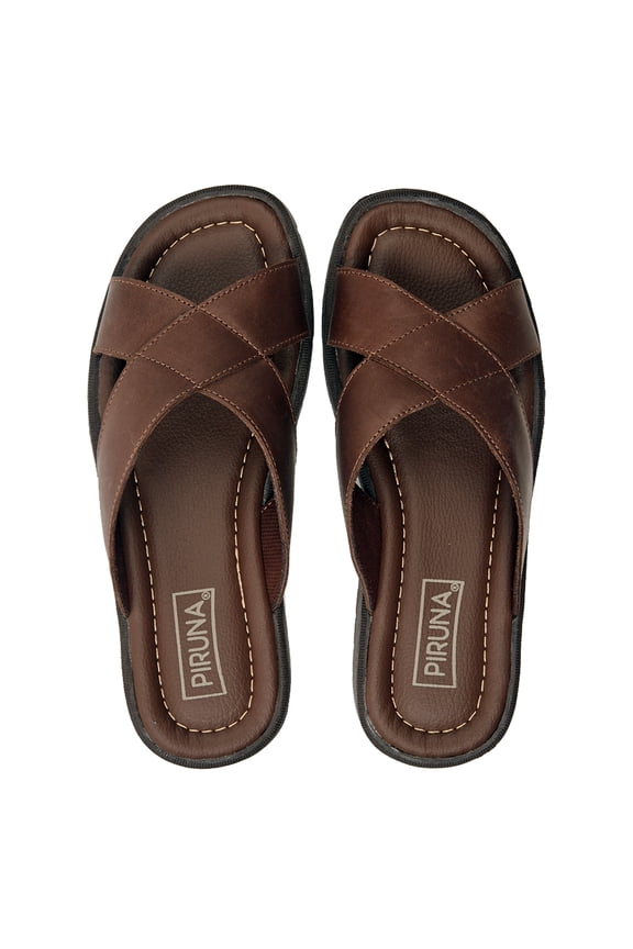 Men's Leather Cross Strap Slide Sandals, Cushioned Footbed, Brown