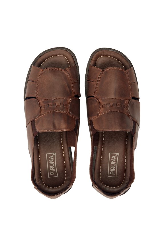 Men's Leather Covered Slide Sandals with Instep Panel Design, Cushioned Footbed, Brown