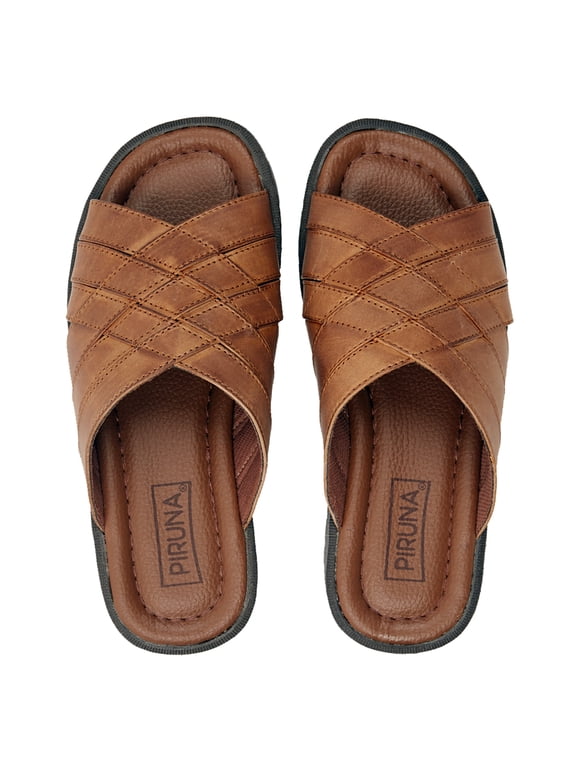 Men's Leather Cross Strap Slide Sandal Wide Width Open Toe Tan