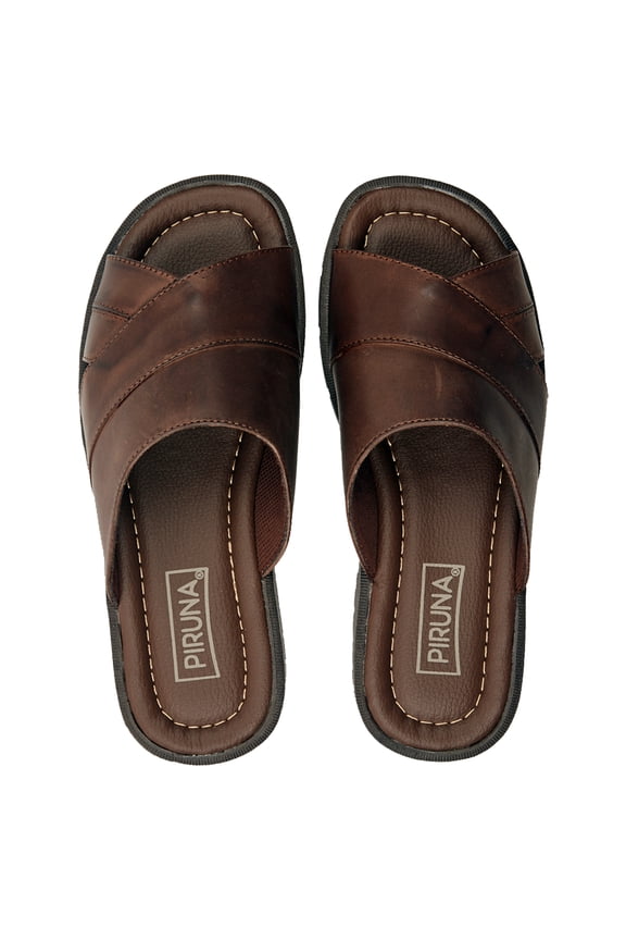 Men's Leather Cross Strap Slide Sandals, Cushioned Footbed, Brown