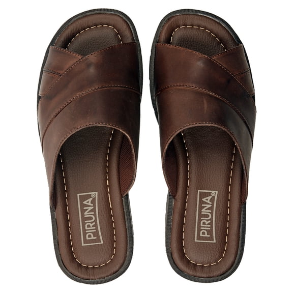 Piruna Men's Leather Cross Strap Slide Sandal Wide Width Open Toe Brown