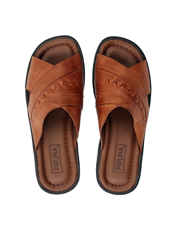 Women's Leather Cross Strap Slide Sandals with Embossed Detail, Cushioned Footbed, Tan