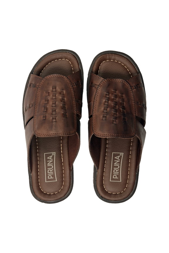 Men's Leather Covered Slide Sandals with Perforated Detail, Cushioned Footbed, Brown