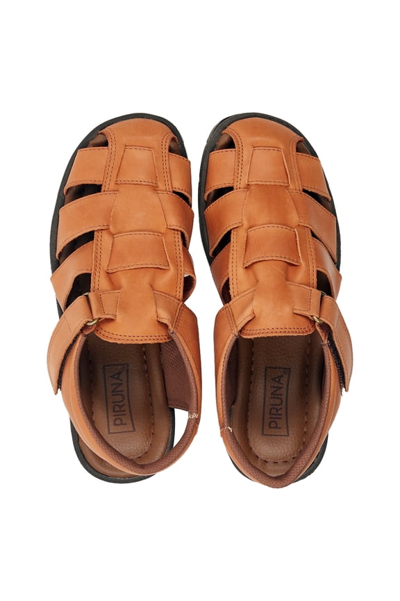 Brazilian Leather Fisherman Sandals, Closed Toe, Adjustable Strap, Wide Fit, Tan