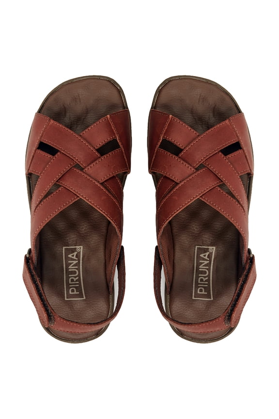 Men's Leather Covered Slide Sandals with Perforated Detail, Cushioned Footbed, Brown