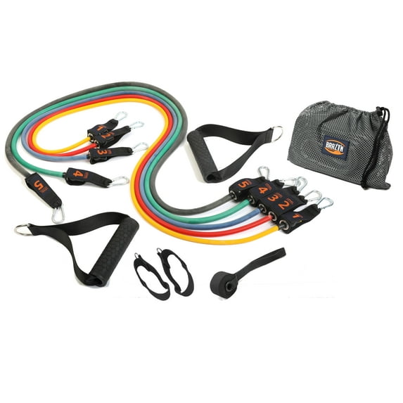 BRAZYN - Resistance Bands Kit (with Handles) - 12-Piece Set With Travel Pouch, Ankle Straps, & Door Anchor - 150lbs (15 Levels)- for Workout, Gym, Strength Training, Yoga, Pilates