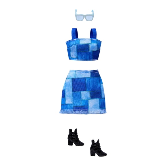 Barbie Style Complete Looks with Blue Patchwork Skirt and Top, Black Booties, and Blue Sunglasses