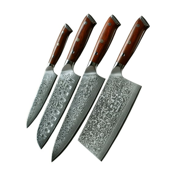 BRBLD 67 Layers Damascus Steel 4 Pcs Chef Knife Set Brown Handle