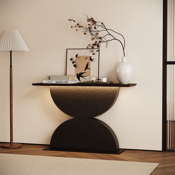 BRBR 47-IN Modern Wood Console Table, Double Semi-Circle Hammered Texture Base Tables with LED Lights, Entryway Table for Living Room, Dining Room
