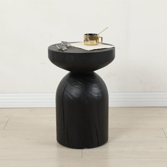 BRBR Black Handmade Wooden Accent Table, Fully Assembled Solid Wood Stool with Cracked Vintage Texture, End/Pedestal Table for Living Room & Bedroom