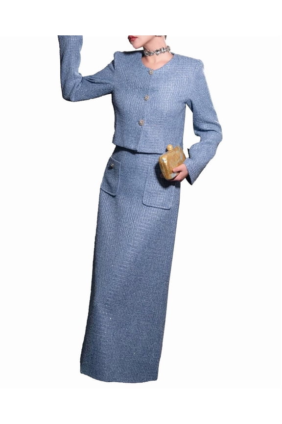 womens 2pc Cardigan & Dress Set, 8, Blue
