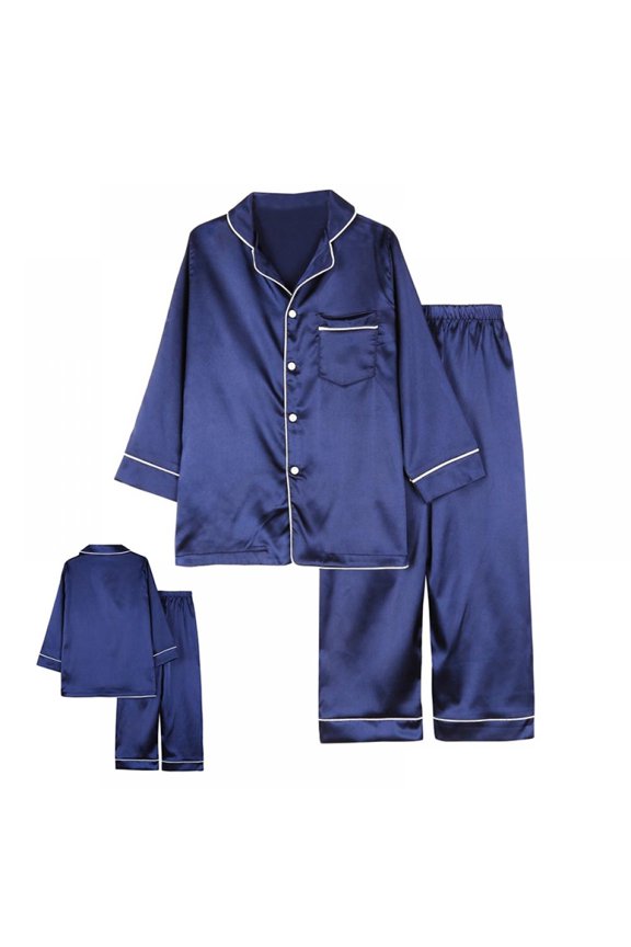 Long Sleeve Silk Pajamas Christmas Color Silk Pajamas Dark Blue 150