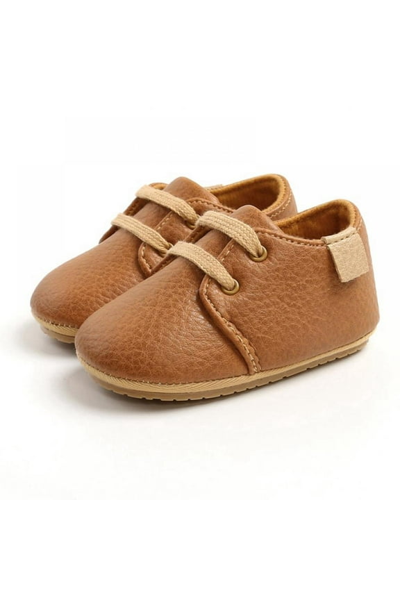 Newborn Baby Boy PU Lace-up Non-slip Soft Sole Toddler Frist Shoes Brown L