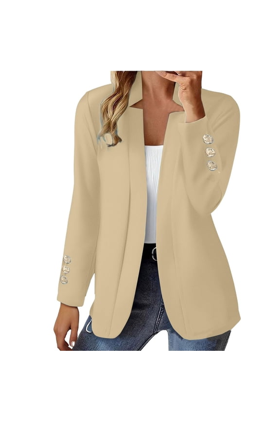 Blazers for Women Business Casual Open Front Office Work Lightweight Suit Jackets Summer Fall Cardigan Khaki M