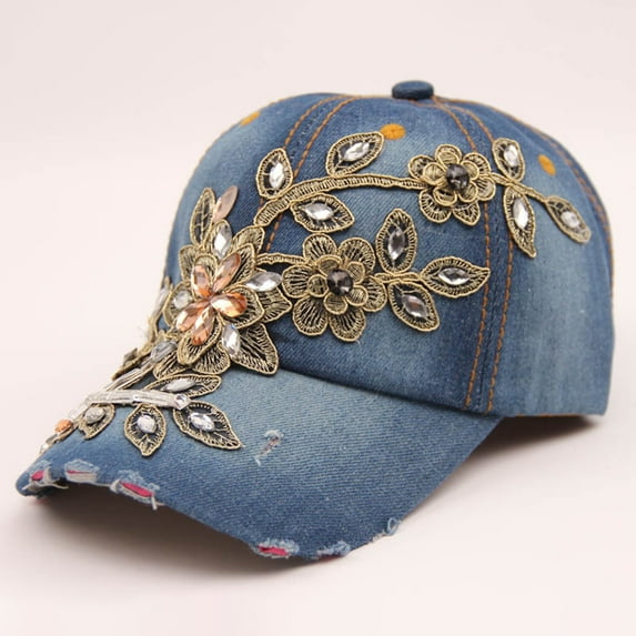 BRDFRL Bling Baseball Cap for Women Fancy Denim Bejeweled Sun Hat Studded Rhinestone Crystals Adjustable