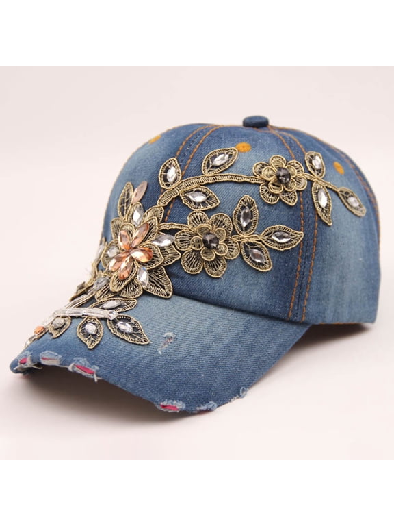 Bling Women Baseball Cap Flower Snapback Rhinestone Sun Hats Adjustable Denim Jeans Hat