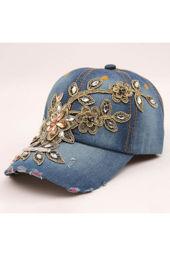 Bling Baseball Cap for Women Fancy Denim Bejeweled Sun Hat Studded Rhinestone Crystals Adjustable
