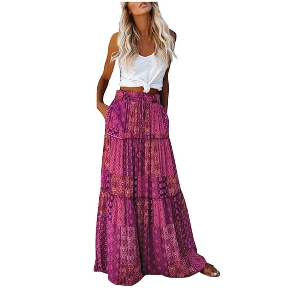 BRDFRL Boho Skirts for Women Casual Flowy Ruffle A Line Tiered Swing Elastic Black Long Skirts with Pockets for Beach Purple M