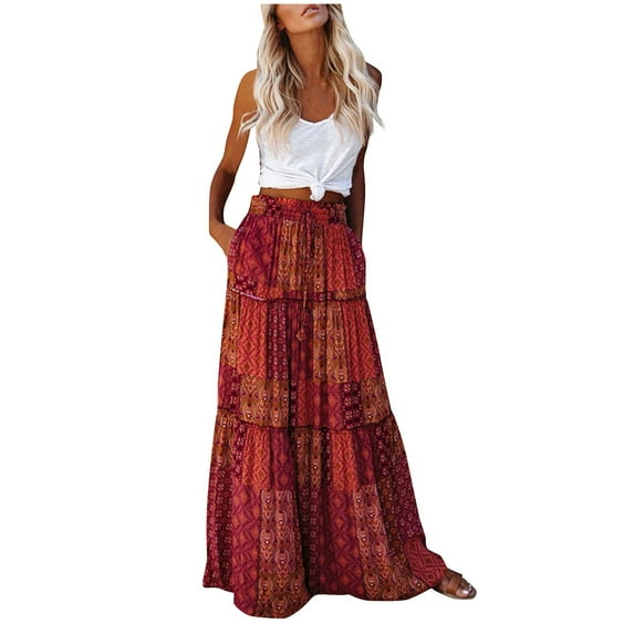 BRDFRL Boho Skirts for Women Casual Flowy Ruffle A Line Tiered Swing Elastic Black Long Skirts with Pockets for Beach Red XL
