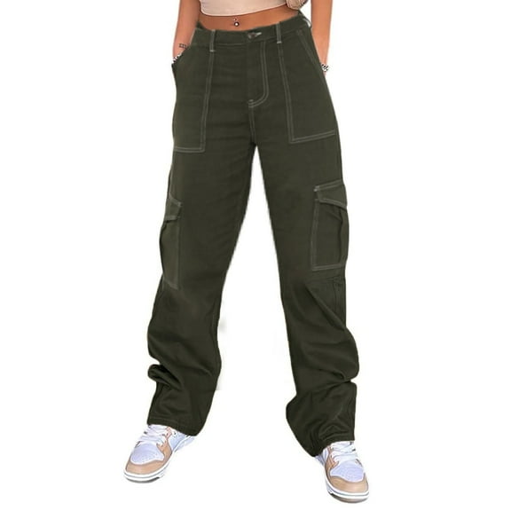 BRDFRL Cargo Pants for Women High Waisted Casual Pants Baggy Wide Leg Trousers Y2K Streetwear with 6 Pockets Army Green L
