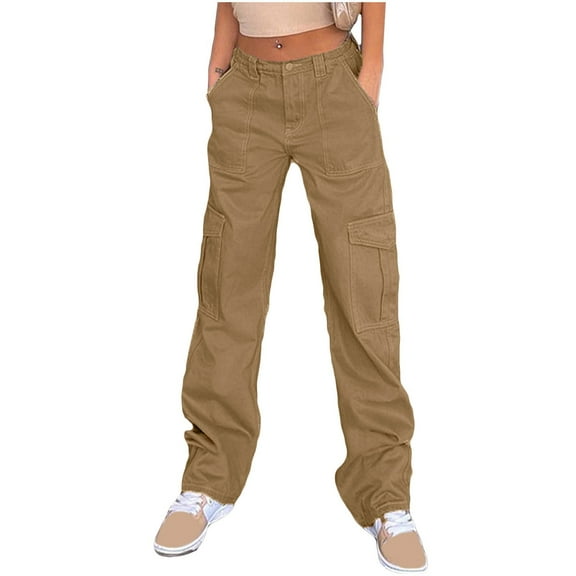 BRDFRL Cargo Pants for Women High Waisted Casual Pants Baggy Wide Leg Trousers Y2K Streetwear with 6 Pockets Brown L