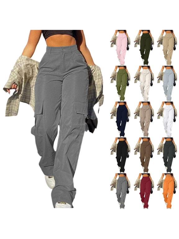 Cargo Pants for Women High Waisted Casual Pants Work Pants Baggy Stretchy Wide Leg Y2K Streetwear with Pockets Black L