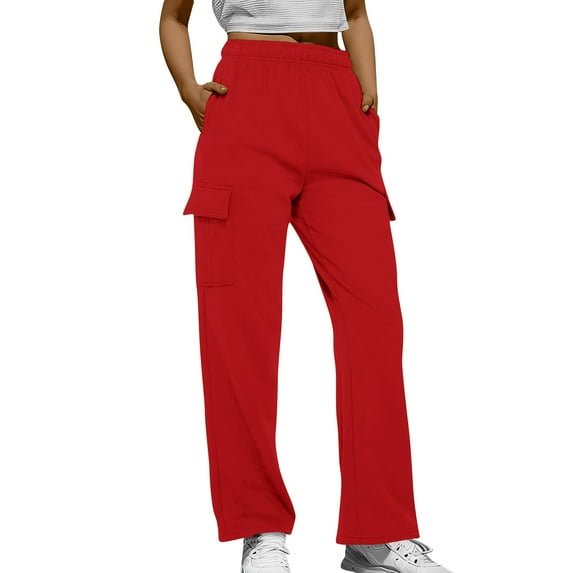 BRDFRL Cargo Pants for Women Y2K Casual Baggy Joggers Elastic Waist Wide Leg Pants with Pockets Red XL