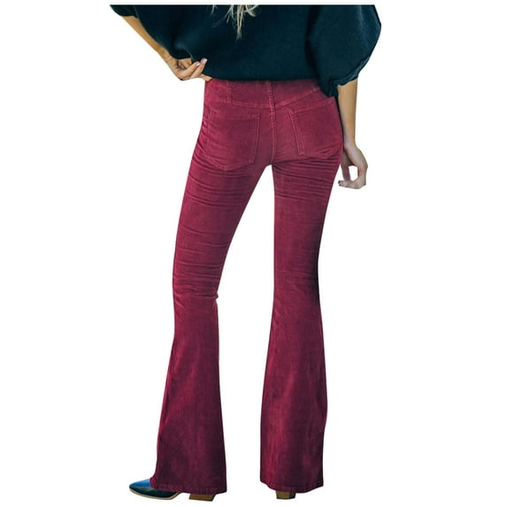 BRDFRL Corduroy Pants for Women High Waist Flare Pants Vintage Baggy Wide Leg Bell Bottom Trousers Pants with Pockets Wine XL