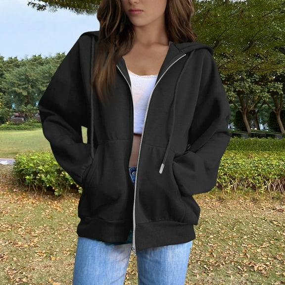 BRDFRL Fall Full Zip Up Hoodie Women Sweatshirts Black Long Sleeve Hooded Sweatshirt Pockets Jacket Coat for Women Teen Girls 2025 Fashion Casual Black 2XL