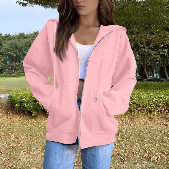 BRDFRL Fall Full Zip Up Hoodie Women Sweatshirts Pink Long Sleeve Hooded Sweatshirt Pockets Jacket Coat for Women Teen Girls 2025 Fashion Casual Pink XL