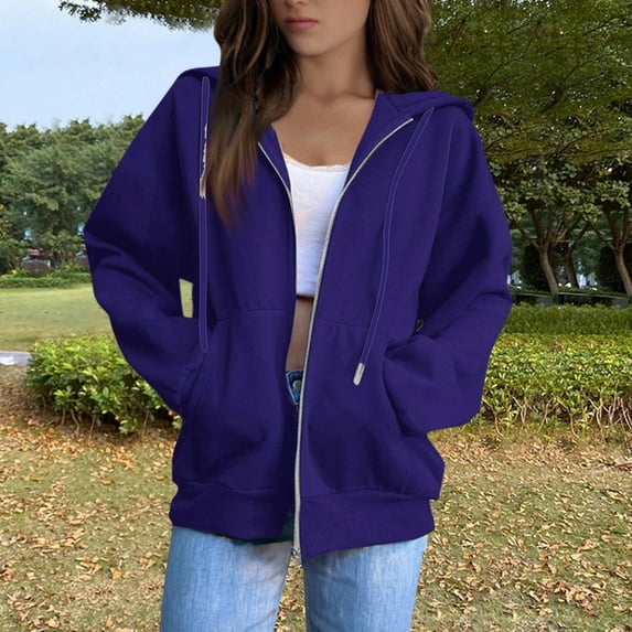 BRDFRL Fall Full Zip Up Hoodie Women Sweatshirts Solid Color Long Sleeve Hooded Sweatshirt Pockets Jacket Coat for Women Teen Girls 2025 Fashion Casual Dark Purple 2XL