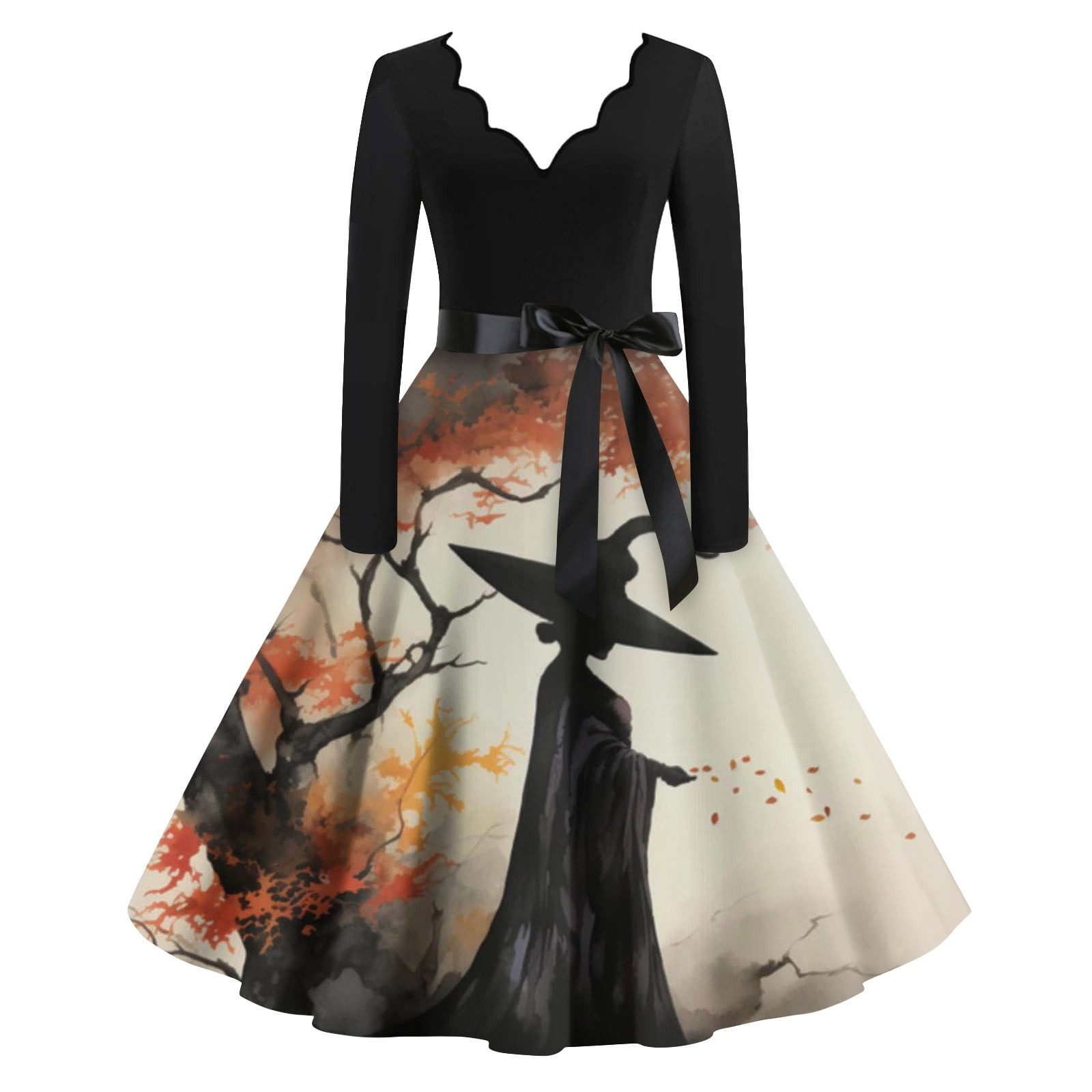 BRDFRL Halloween Dresses for Woman 50s 60s Prom Dress Plus Size Halloween Witch Gowns and Evening Dresses Retro Long Sleeve with Belt Black 3XL Walmart